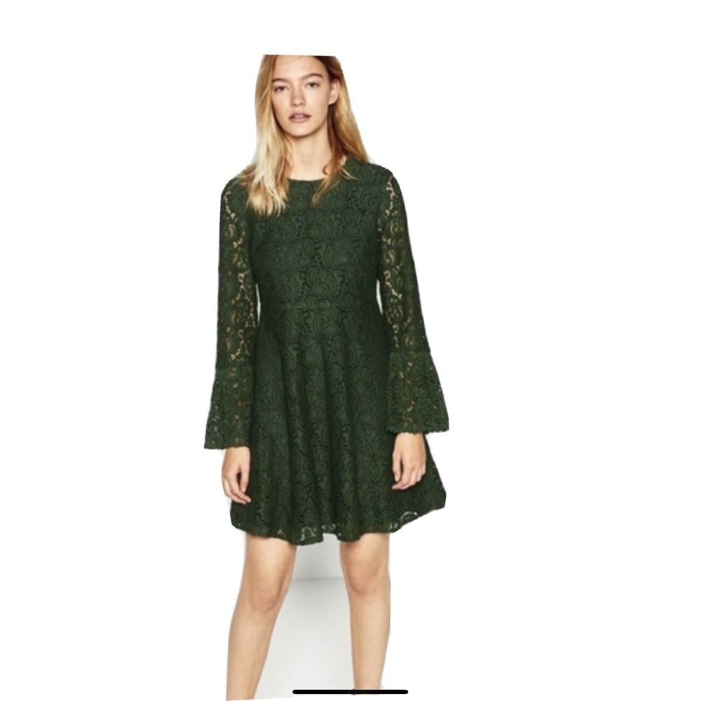 ZARA Green Lace Tulip Dress US XL Bell Sleeve Fit Flare Christmas Floral A-Line